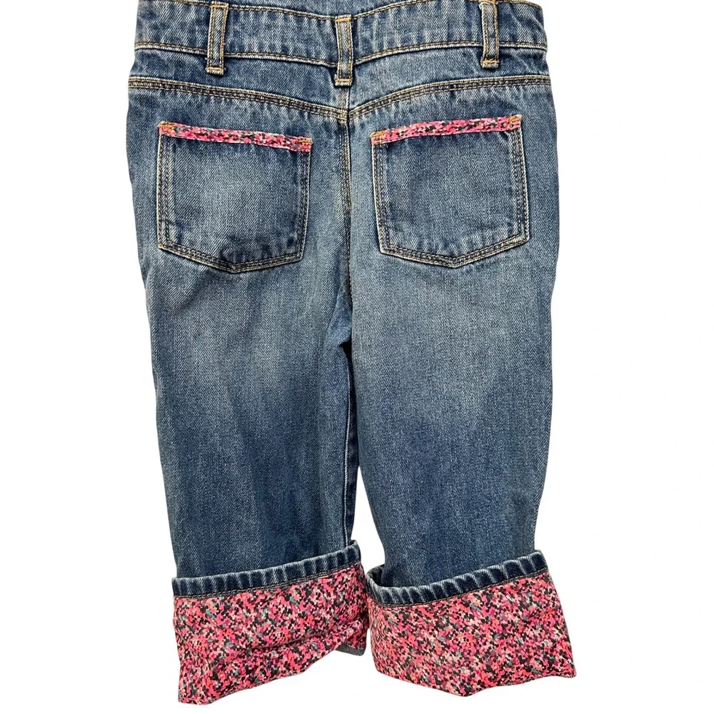 Vintage OshKosh Bgosh Girls Denim Overalls 2T Floral Pink Accent Trim Roll Cuffs